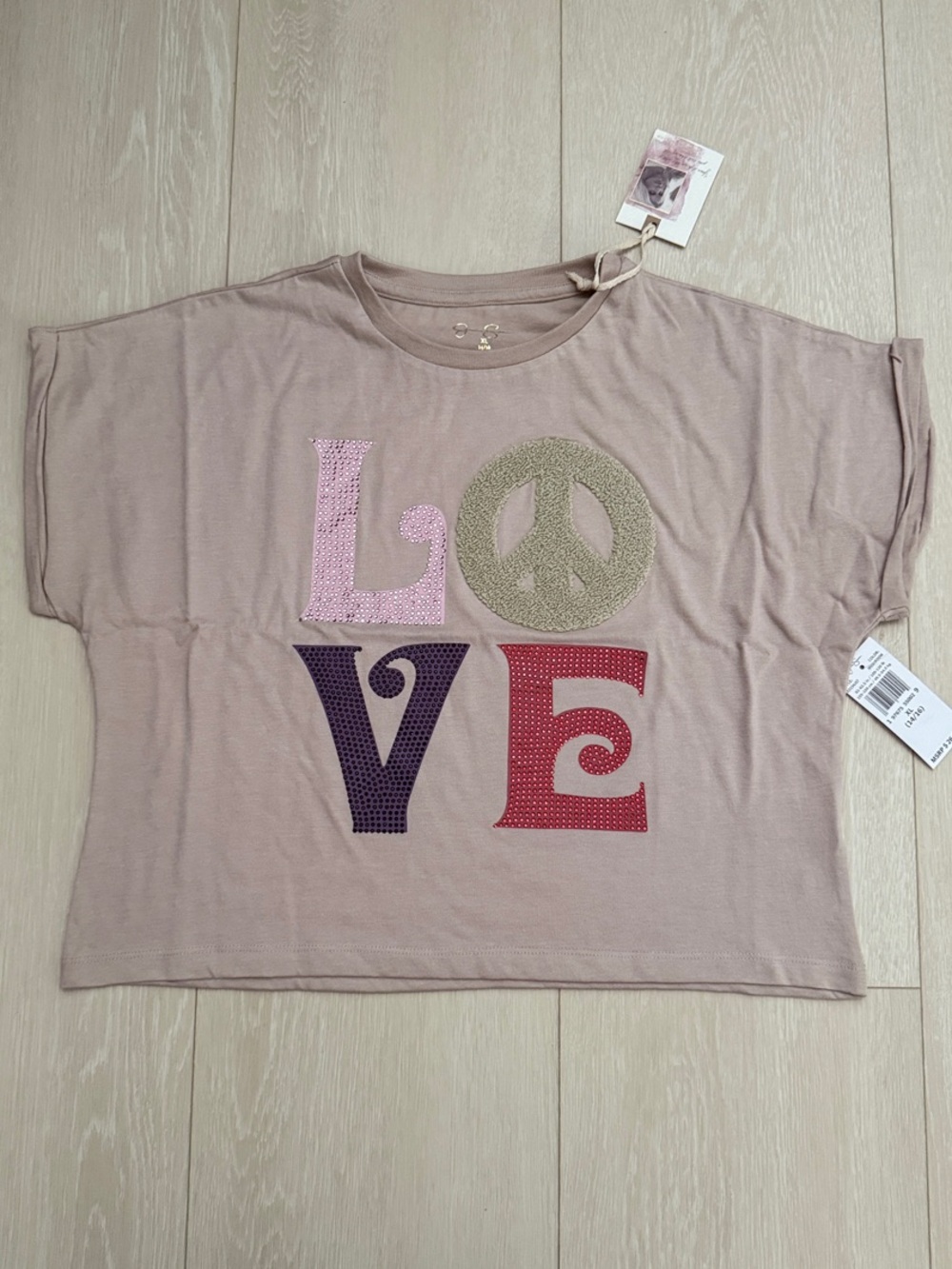 Jessica Simpson Taupe Short Sleeve Tee with Multicolor LOVE Graphic